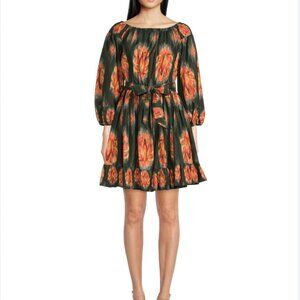 A LOVES A Elegant Chic Bohemian Green & Orange Balloon Sleeve Patterned Dress